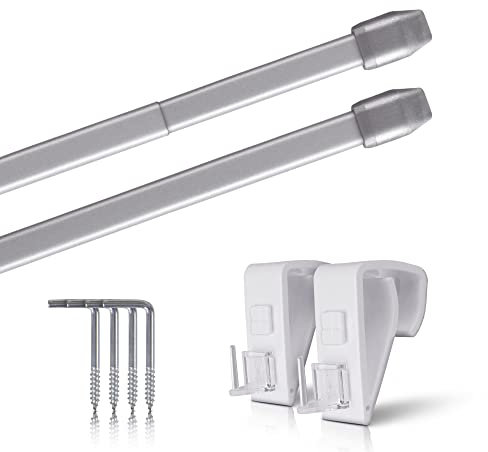 Vitragestangen 2er Pack ausziehbar, 2 Gardinenstangen mit Klemmträger - Befestigung ohne Bohren (Farbe: silber, Größe: 80-120cm)