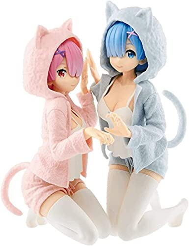 ENFILY Re Zero Starting Life In Another World: Rem und Ram Figur Katzenhaltung (2 Stück) (Rosa) (Rosa) (Rosa)