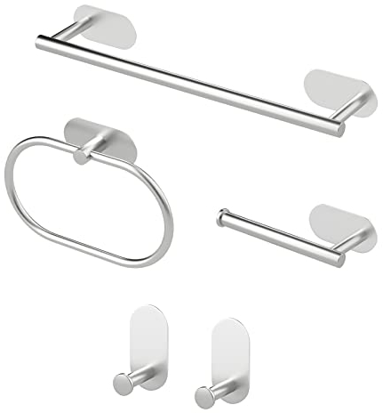 Sarsumir Juego de Accesorios de baño de 5 Piezas - Toalleros de Baño Anillo de Toalla Portarrollos para Papel Higién (Plata)
