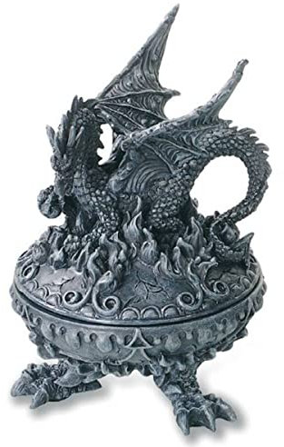 Isideco Drache sitzt auf runder Schmuckdose mit Drachenkrallen