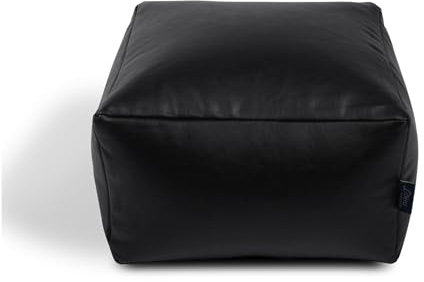 Littens Black Soft Faux Leather Square Footstool Ottoman Pouffe Bean Bag, Living Room Decorative Low Seat (45cm x 45cm x 25cm)