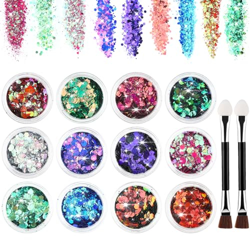 Giantree Festival Paillettes Visage avec 2 Pinceaux à Double Tête en Coton 12 Couleurs Paillettes Déguisement Festif Paillettes Ongles Cheveux Lèvres Corps Christmas Maquillage Glitter (Couleur 1)