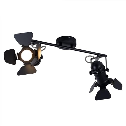 Deckenleuchte schwarz Spotleiste 2 Strahler Deckenlampe schwenkbar Filmset Lichteffekt, Metall, 2x GU10 Fassungen, LxH 54x26,5 cm