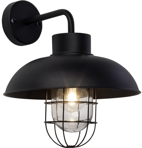 Lightbox Außen Wandlampe - 29 x 24 x 25 cm - schwarze Outdoor Wandleuchte mit Glas Abdeckung & Gitter - hängend - spritzwassergeschützt (IP44) - E27, max. 60 W - aus Metall/Glas in Schwarz