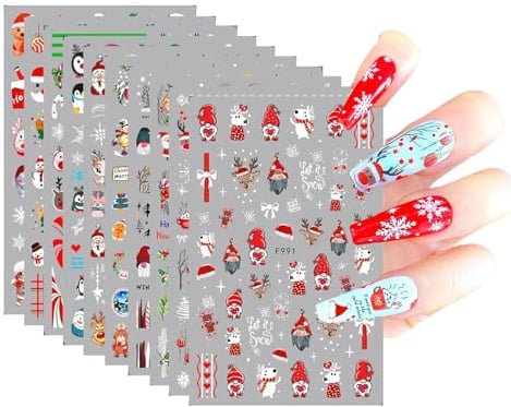 Nagelsticker Weihnachten,10 Blatt Nail Art Sticker Selbstklebend,Rentier Schneemann Schneeflocken Hut Nagelaufkleber Christmas Dekoration für Frauen Mädchen Nageldesign Zubehör