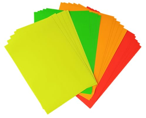20 hojas A4 Papel Adhesivo Fluorescente (Amarillo, Verde, Naranja, Rojo) 5 hojas de cada, tamaño A4 - Trasera con crack back fácil de retirar - Etiquetas adhesivas imprimibles adhesivo fluor
