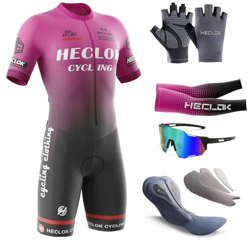 HECLOK Men's Cycling Skinsuit，One Piece Trisuit Bike Jumpsuit,Competition-Grade Handmade high-Density Sponge Padded，MTB Triathlon，Quick Dry Triathlon Suit，Short Sleeve One Piece Bodysuit (TYP-11,XL)