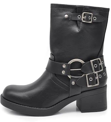IF Fashion Stivali Alla Caviglia Stivaletti Biker Anfibi Motociclista Fibbie Cinghie Da Donna 660 Nero N.39