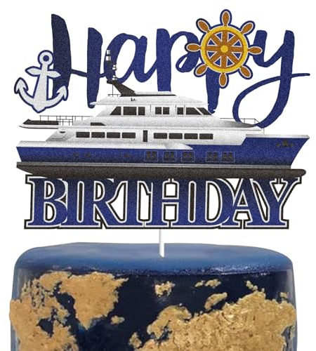 Yacht Nautical Happy Birthday Cake Topper Blue Glitter Yacht Ship Anchor Cake Decoration Ocean Steamship Boat Yachting Birthday Theme Party Supplies
