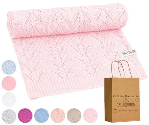 Mikos* 100% Bio-Baumwoll Leichte Babydecke - Ajourmuster - Perfekt für Sommer & Frühling - Strickdecke für Babys, Kinder und Neugeborene Hypoallergen 80x100cm (28) (Hellrosa)