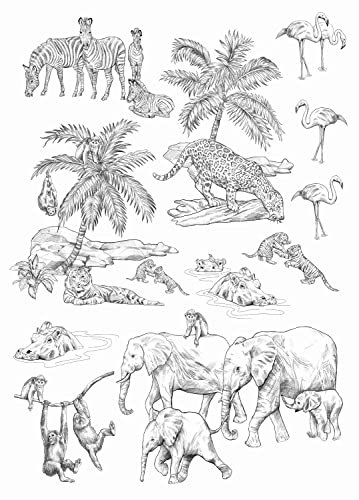 ESTAhome Wandtattoo Dschungeltiere Schwarz-Weiß 47.5 x 66 cm