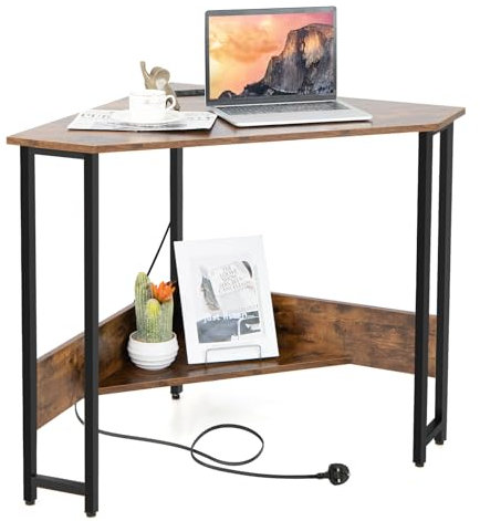 COSTWAY Corner Computer Desk, Triangle PC Laptop Table with Power Outlet and Storage Shelf, Space Saving Wooden Study Desk Writing Workstation for Home Office Bedroom (Rustic Brown)