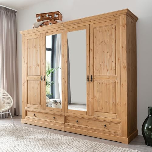 Lomadox Schlafzimmer Drehtürenschrank Kleiderschrank 4-türig, 254cm breit, Kiefer massiv eichefarben geölt