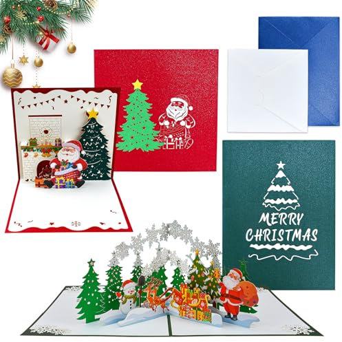 CAREDGO Pop Up Weihnachtskarten, 2Pcs Weihnachtskarte mit Umschlag Set Grußkarten Weihnachten 3D Glückwunschkarten Schneeman und Elch Weihnachtswunschkarte Christmas Cards Geeignet für Weihnachten