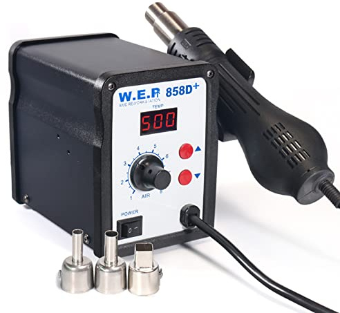 HuKaiL 858D Lötstation, 700W Heißluft Lötstation Rework Lötkolben mit 100 °C~500 °C Temperaturbereich LED Anzeige, Heißluftfön mit 3 Düsen zum Löten und Entlöten von Edelstahl und SMD-Komponenten