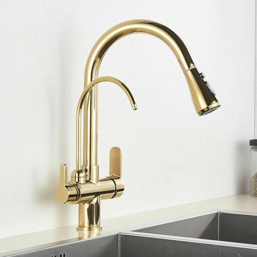 Trinkwasser 3-Wege-Filter Wasserhahn Küche - Küchenarmatur Mit Brause Ausziehbar, Messing 2 Hebel Spültischarmatur Mischbatterie Für Osmoseanlage, 3 In 1 Armatur Küche Für Wasserfilter, Gold