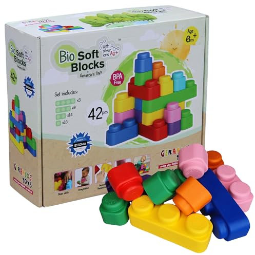 GERARDO'S Motorikspielzeug Bunte Weiche Bausteine zum Stapeln und Türme Bauen - Bauklötze für 6 Monate Oder Mehr, für Kreativität und Spielerisches Lernen, BPA-FREI (42-teiliges Set, 42, Stück)