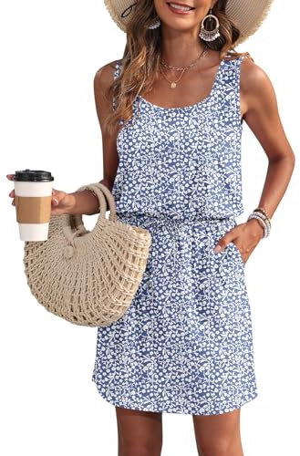 WNEEDU Vestito Estivo da Donna Senza Maniche da Spiaggia con Scollo a U e Coulisse Vestito Arioso da Donna Estivo con Tasche Fiore Blu Viola XL