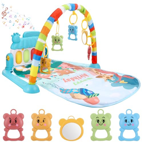 JIZZU Tapis d'éveil Bébé, Tapis Musical D’Éveil Contient 5 Jouets Suspendus Amovibles, Tapis d'éveil et de jeux Fitness Piano pour Nouveau-né avec Musique pour Naissance en Garçons Filles 0-6 Mois