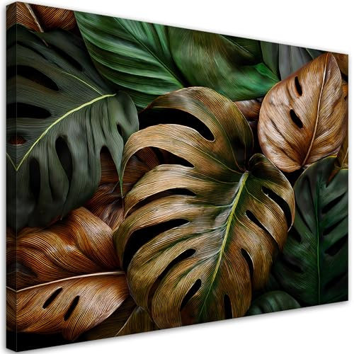 Feeby Viles - Leinwand Bilder - Monstera Blätter - 120x80 cm - Deko Wohnzimmer - Wandbilder Schlafzimmer - Deko Aesthetic - Wand Deko - Leinwand Groß - Deko Zimmer - Leinwandbilder XXL
