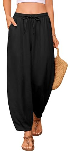 UMIPUBO Pantaloni Donna Estivi 7/8 Morbidi Eleganti Leggeri Larghi Pantaloni con Elastico Vita Comodi Leggeri Pantalone Lounge Casual Pantaloni da Spiaggia con Tasche (Nero, XL)