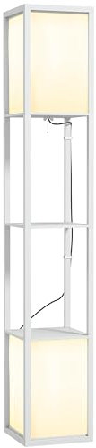 HOMCOM Lampadaire étagère, 2 lampes, lampe de salon sur pied avec douille E27, 2 étagères 4 niveaux, motif uni, lampadaire salon, abat-jour en terylenecotton, blanc