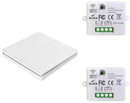 Funkschalter Set - Funk-Wandschalter Lichtschalter mit Empfänger - 30M Reichweite Drahtlos Kinetischer Batterieloser 230V 10A | 2-Kanal/1-2er-Schalter