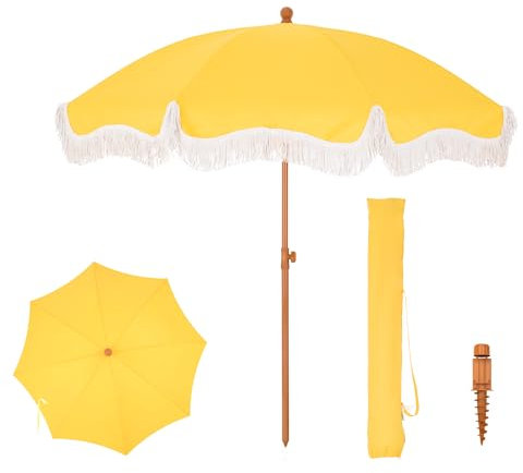 PHI VILLA Parasol de balcon, 200 cm, pliable, rond, avec franges, style bohème, résistant au vent, avec piquet, UPF 50+, doré