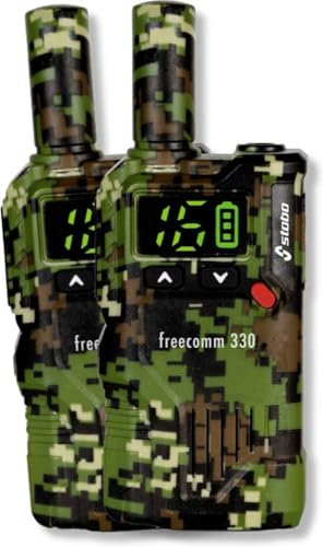 Stabo Elektronik 20330 - Funkhandy 2er Set Freecomm 330, Camouflage Grün, 2 Funkgeräte mit LCD-Display, Walkie Talkies für Kurze Distanzen