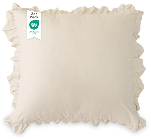 TOCOMOA Kissenbezug 40x40 2er Set - Rüschen Kissenbezüge Öko-Tex Zertifiziert, Kissenhülle Weich und Hypoallergen, Kopfkissenbezug 40x80cm mit Hotelverschluss Beige