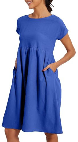Surttan Sommerkleid Damen Leicht Und Luftig Leinenkleid Kurzarm Strandkleid Rundhalsausschnitt Freizeitkleid Mit Taschen Musselin Kleid Midikleid Einfarbig Große Größen S-5XL