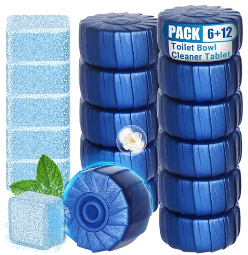 Toilet Blocks for Cisterns, 12PCS Triple Effect Toilet Cleaner with 6PCS Toilet Tank Cleaners Tablets with Bleach, Toilet Bowl Cleaner Tablets Drop in Tank for Deodorizing & Descaling