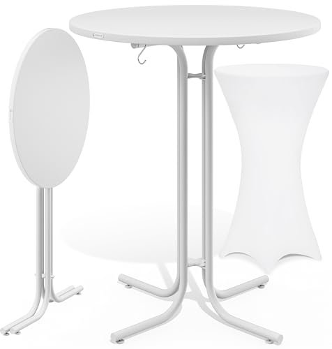 Casaria® Stehtisch mit Husse 70 cm Klappbar Weiß Rund Holz Metall Pulverbeschichtet Wetterfest Hoch Set Bistrotisch Bartisch Garten Hochzeit Tisch