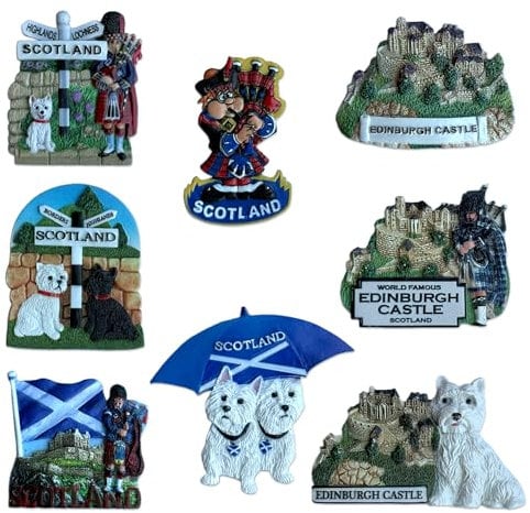 LILAJ Scottish Resin Fridge Magnets - Edinburgh Castle, Saltire Flag, Thistle, Nessie, Bagpipes Scottie & Westie Dog – Scotland Souvenir Gift Set - 6