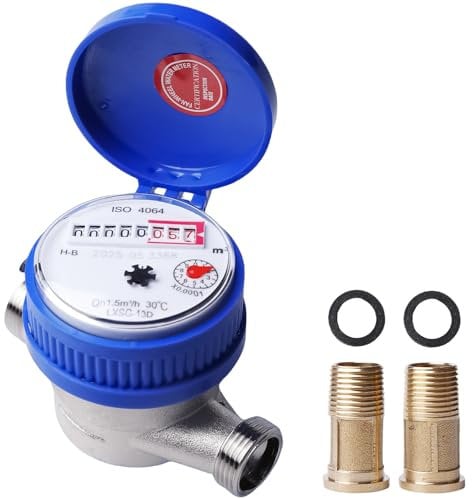 Contador de agua fría de 1/2 pulgadas calibrado con accesorios de montaje y cubierta protectora | 0-40 ℃ 1,5 m³/h | material hierro/ABS | pantalla digital y puntero | para el hogar y el jardín