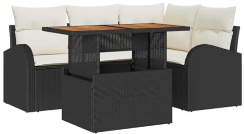 vidaXL 5-teiliges Garten-Sofa-Set mit Kissen in Schwarz und Weiß aus Poly-Rattan. Modulare Außenmöbel im stylischen Rechteck-Design mit handgewebtem Stauraum. Bequem für den Balkon.