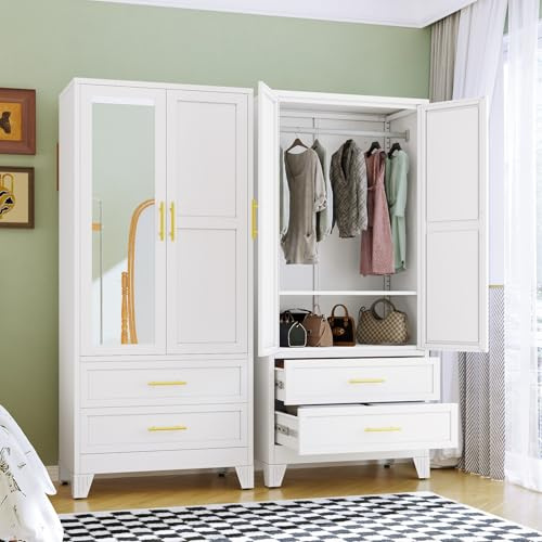 RIETERN Metal Armoire Wardrobe Closet, 71 Tall Bedroom Closet with Mirror