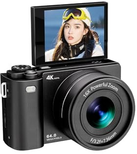 Andoer 64MP Digitalkamera, Vlogging Kamera 16X Optischer Zoom 2,8 Zoll IPS-Bildschirm Kamera, Eingebautem MP3-Player, SelbstauslöSer, Burst-Modus, Für Konzerte, Natur, (Schwarz)
