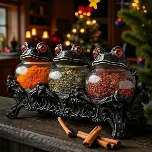 Witchy Frog Apotheker Gewürzgläser, einzigartige Hexe 3-teiliges Frosch-Gewürzglas-Set für Salz, Pfeffer und Kräuter, Küchenaufbewahrung für Gewürze, lustige Salz- und Pfefferstreuer, Gewürzbehälter