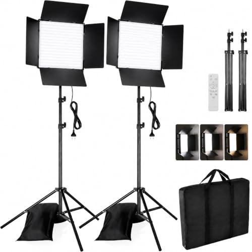 LED Videoleuchte 2er-Set, 60W 448 LEDs 3000-6300K Dimmbar, 26x26 cm | Flächenleuchte mit 195cm Stativ, Fernbedienung, Bi-Color Fotolicht für Streaming, YouTube, TikTok & Fotostudio