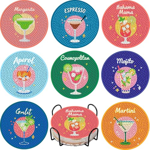 WEMEON Pack of 8 Cocktail Glass Diamond Painting Coasters, DIY for Diamond Painting Coasters with Holder, Creative Mosaic Crafts for Adults, Personalised Anti-Stress Gift