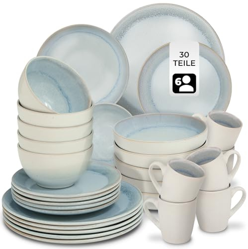 tectake® 30tlg. Kombiservice 6 Personen, Steingut Geschirrset 6 Personen, handgefertigtes Teller Set mit Schüsseln und Tassen, Geschirr Set spülmaschinen- und mikrowellengeeignet - Shore Stone