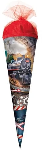 ROTH Schultüte klein 35 cm Dampflok – runde Zuckertüte zur Einschulung für Jungen, kleines Schulanfang Geschenk
