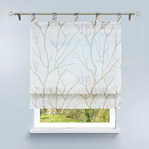 HongYa Raffrollo mit Schlaufen Transparente Raffgardine Voile Schlaufenrollo Küche Kleinfenster Gardine mit Äste Muster H/B 140/80 cm Weiß Sand