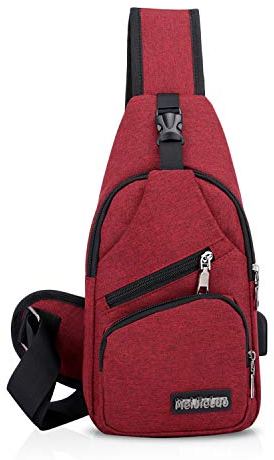 FANDARE Unisex Schultertasche Herren Damen Brusttasche Sling Bag Rucksack mit USB Umhängetasche Sporttasche für Wandern,Abenteuer,Sport, Reisen und Joggen Rot