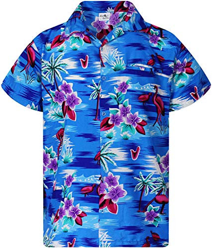 King Kameha Funky Hawaii-Hemd, Herren, Kurzarm, Flamingos, Blau, S