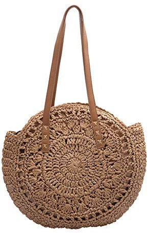 ZYUEER Grand Sac A Main Femme Sac A Dos Vintage Sac Bandouliere Cuir Boheme Rond En Paille Sac En Rotin Rond Filles (Kaki)