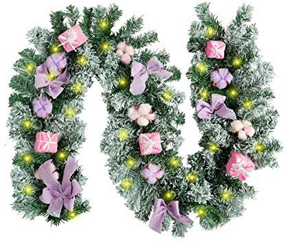 Surwin Guirlande de Sapin Artificiel, 1,8m Décoration de Noël Lumineuse Exterieur Intérieur LED a Pile 8 Modes à Distance Décor de Noël pour Cheminée Escalier Fenêtre Porte (Rose avec lumière LED)