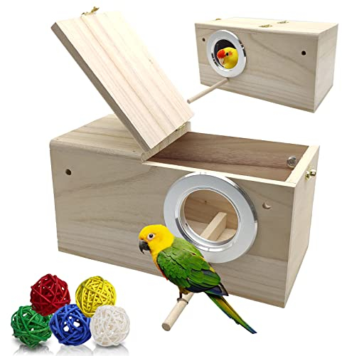 Hamiledyi Sittich-Nistkasten Papageienholz Zuchtkasten Papageien Mating Box Natur Handgefertigt Seegras Hängematte