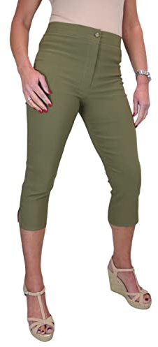 icecoolfashion Womens High Waist Skinny Stretch Pedal Pushers Cropped Trousers Ladies Work Office Crop Capri Pants Formal 3/4 Length Khaki Green 8-22 (18)